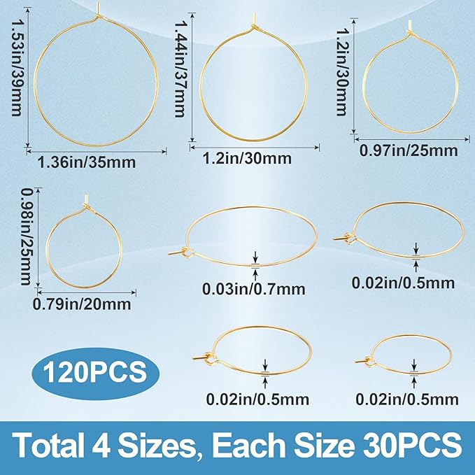 Pndeyo 120pcs Hypoallergenic Earring Beading Hoops, 20mm 25mm 30mm 35mm Round Hoop Earrings Findings, Open Earring Wire Ring Accessories for Jewelry Making- Gold