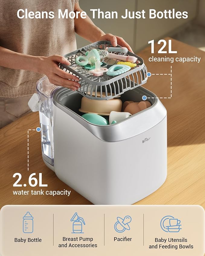 Bear Bottle Washer Pro, Baby Bottle Washer and Sterilizer and Dryer - All in One Machine for Bottles, Pump Parts & Baby Essentials with 90 Detergent Tablets - Effortless, Time-Saving