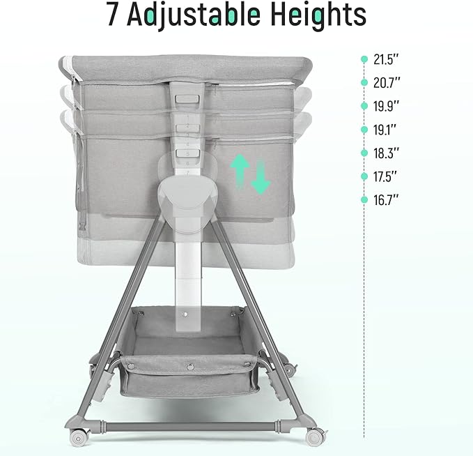Cowiewie Bassinet Bedside Sleeper, Baby Bassinet with 7 Adjustable Height, Bedside Bassinet for Baby with Storage, Breathable Mesh & Mattress, Portable Bassinet Easy Folding (Pyramid Light Gray)