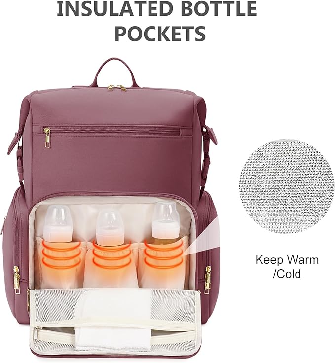 CEI-CEI Neoprene Diaper Bag Backpack with Changing Pad, Large Newborn Baby Maternity Bags Travel Tote with Insulated Pockets (Pink)