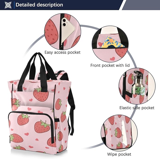 Cute Pink Strawberry Diaper Bag Backpack, Unisex Travel Baby Backpack Diaper Bags with Stroller Straps & Pacifier Case, Large Capacity Waterproof Diaper Backpack