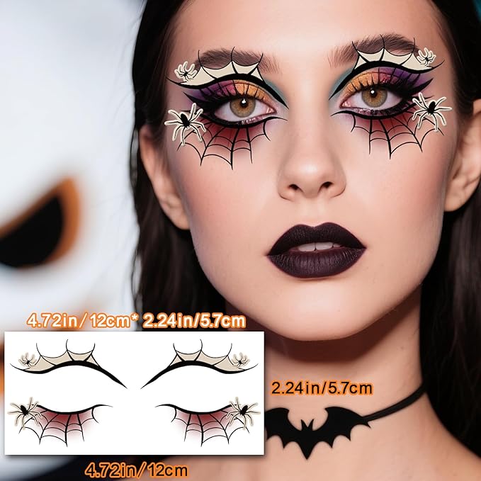 12 Pairs Halloween Glow Up Eye Shadow Temporary Tattoos Eyeliner Tattoo Stickers Spider Web Bat Pattern Eyeliner Fake Tattoos for Women Men Face Eye Makeup Halloween Decals Party Supplies
