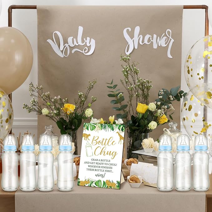 TrelaCo Safari Cool Baby Shower Games Bottle Chug Sign Wooden Jungle Animals Theme Gift Sets Gender Reveal Party Favors and 12 Pcs Baby Bottle Shower Favor for Games Gender Reveal