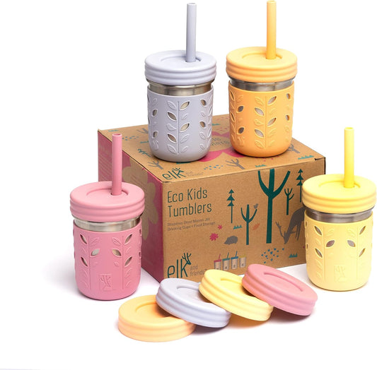 Elk and Friends 10oz Stainless Steel Kids + Toddler Drinking Cups | The Original Mason Jars with Lids + Sleeves + Straws | Smoothie Cups | Spill Resistant | Dishwasher Safe | 4 Pack