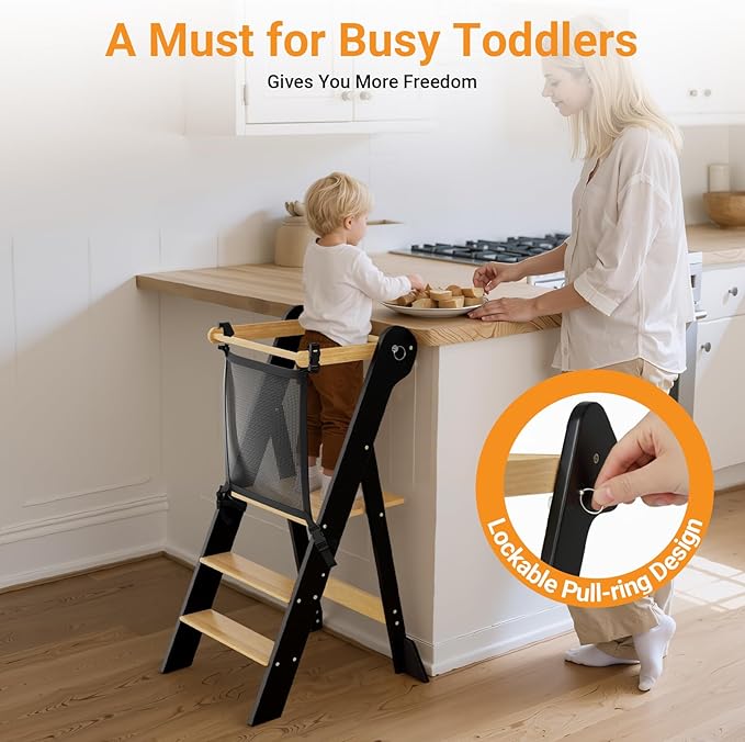 COSYLAND Foldable Toddler Kitchen Stool Helper - Height Adjustable Standing Tower for Bathroom Sink or Kitchen Counter - Step Stool for Toddlers Ages 18 Months to 6 Years Black & Natural
