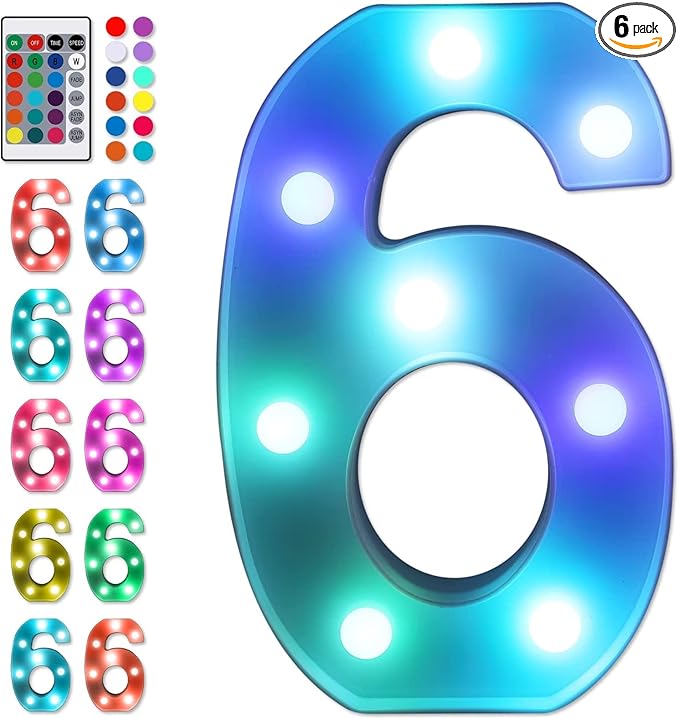Foaky Colorful LED Number Lights with Remote, Marquee Light Up Number Sign for Night Light Wedding/Birthday Party Battery Powered Christmas Lamp Home Bar Decoration (6)