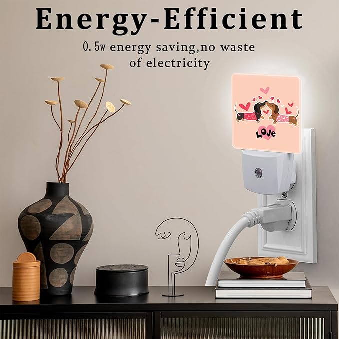 Valentine's Day Dachshund Dogs Night Light for Kids, Two Love Dachshunds Night Light Plug in with Dusk to Dawn Sensor,0.5w Energy Saving Nightlight for Hallway Stairway Kitchen Bedroom