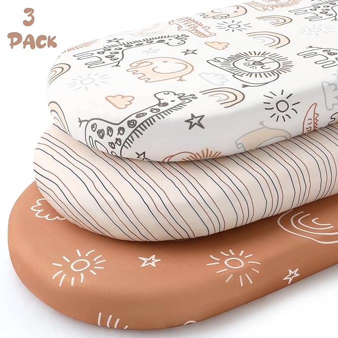 Yoofoss Bassinet Sheets for Baby,3-Pack Fitted Bassinet Sheets Set Compatible with Halo Bassinest Swivel Sleeper,Baby Delight,Angelbliss,Soft Breathable Bassinet Mattress Sheets (Brown+Animals)