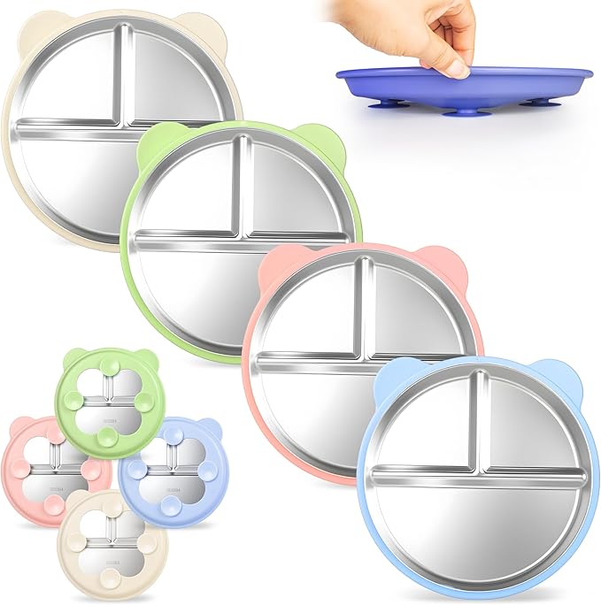 Stainless Steel Kids Plate with Suction Set of 4, 9″ Toddler Divided Plates with Removable Non Slip Silicone Sleeves, Dishwasher Safe Dinnerware, Light Pink, Baby Blue, Avocado Green, Beige