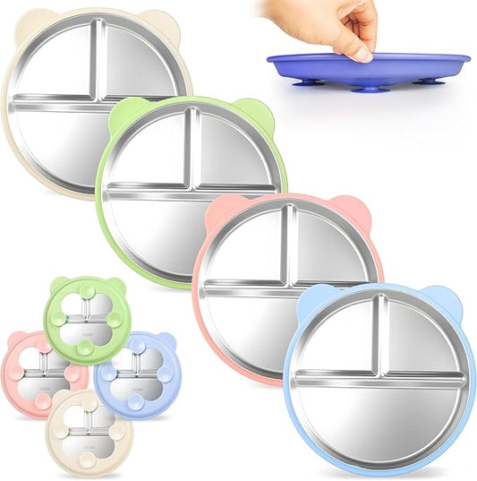 Stainless Steel Kids Plate with Suction Set of 4, 9″ Toddler Divided Plates with Removable Non Slip Silicone Sleeves, Dishwasher Safe Dinnerware, Light Pink, Baby Blue, Avocado Green, Beige