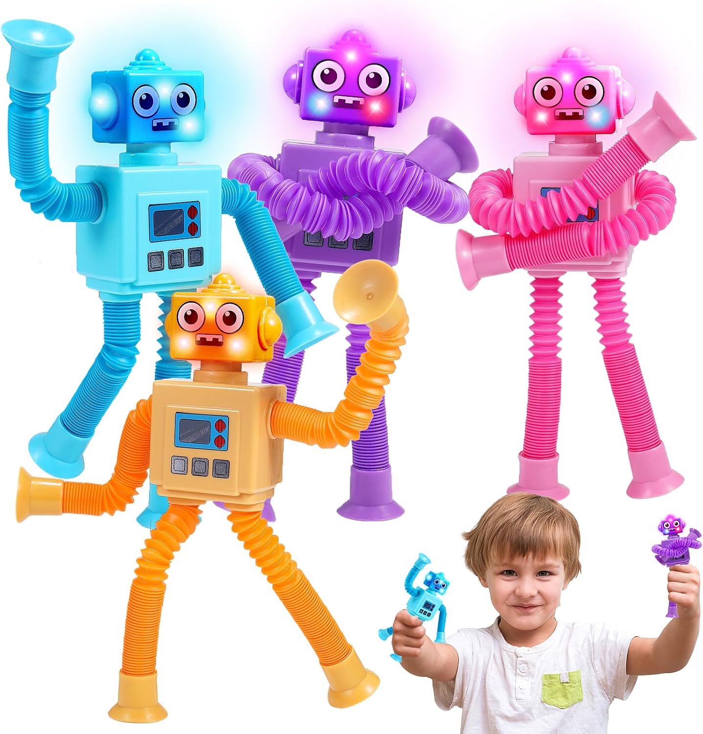 Robot Fidget Toys for Kids : 4 Pack LED Robotic Pop Tubes Telescopic Suction Cup Sensory Toy for 2 3 4 5 6 7 8 Year Old Boys Girls Christmas Birthday Gifts for Kid Ages 2-4 Toddler Travel Toy