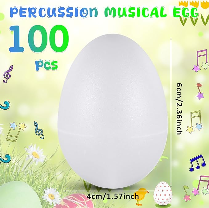 Yeshone 100 Pieces Egg Shakers Musical Instruments Percussion Maracas Egg for Kids Toys Plastic Easter Shaker for Learning DIY Painting, Classroom Music, Rhythm(White)
