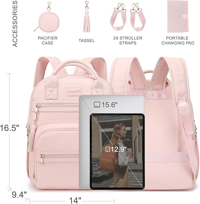 Premium Vegan Leather Diaper Bag Backpack with Waterproof Changing Pad, Reinforced Zippers & Odor-Free, 20 Pockets Pro Organizer, Fits 15.6" Laptop, Stroller Straps, Baby Bag for Mom, Pink