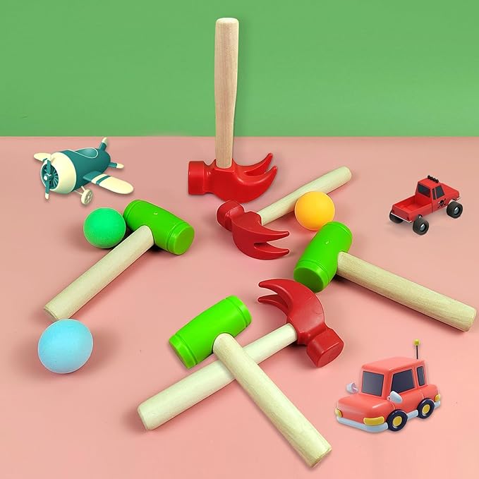 10 Pcs Kids Wooden Hammer Toy with 100 Pcs Colorful Wood Golf Tees, Small Plastic Hammer Simulation Hammers Educational Toys for Children Gift Birthday Party (Red and Green)
