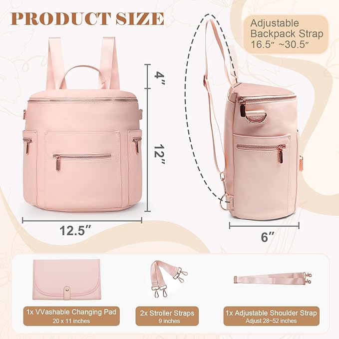 miss fong Pink Diaper Bag Backpack Baby Diaper Bag, Large Leather Diaper Backpack with 16 Pockets Travel Diaper Bag with Diaper Changing Pad,Pink Baby Backpack Stroller Straps & 2 Insulated Pockets
