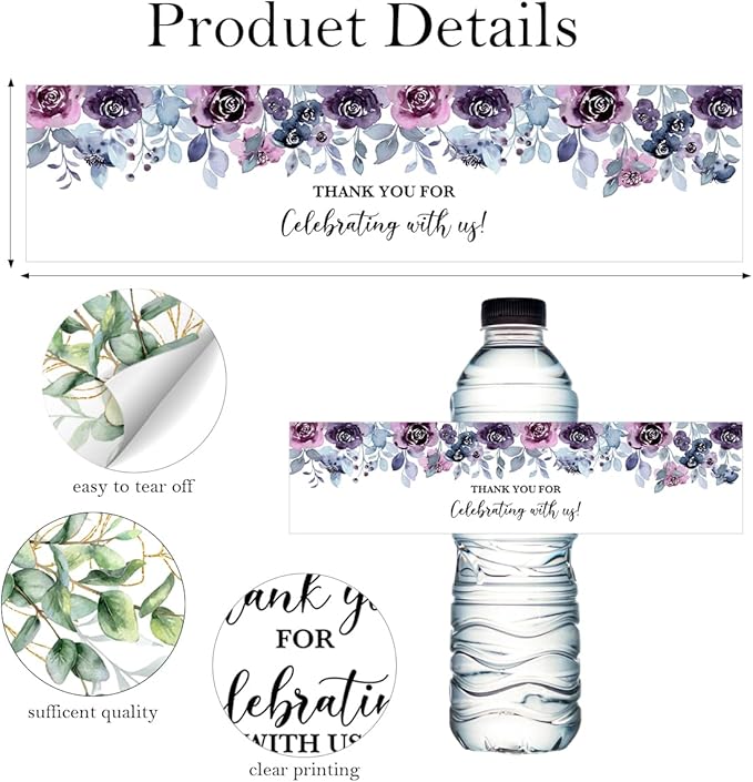 100PCS Wedding Water Bottle Labels Waterproof Greenery Floral Wraps Sticker for Water Bottle Baby Shower Bottle Label for Bridal Shower Party Thanks A12