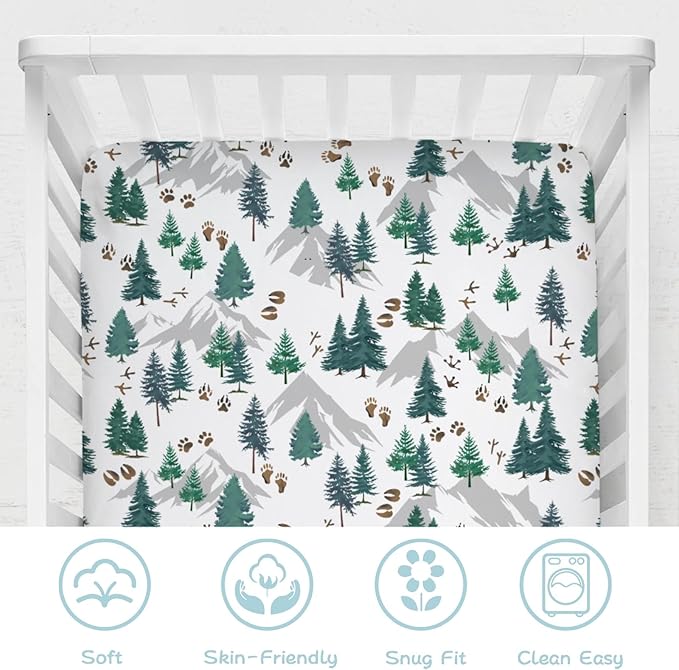Green Pine Trees Animals Tracks Baby Crib Sheet 52''x28'' Pine Trees Paws Mountain Snug Fitted Crib Mattress Cover for Boy Girl Wildlife Soft Baby Bed Sheets for Standard Crib & Toddler Mattress