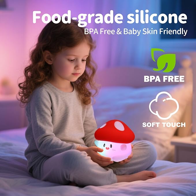 Mushroom Night Light Silicone - Color Changing Lamp, USB Rechargeable, Long Battery Life, Soft Squishy, Dimmable Brightness - Bedroom Decor, Cute Mushroom Gifts for Kids & Adults