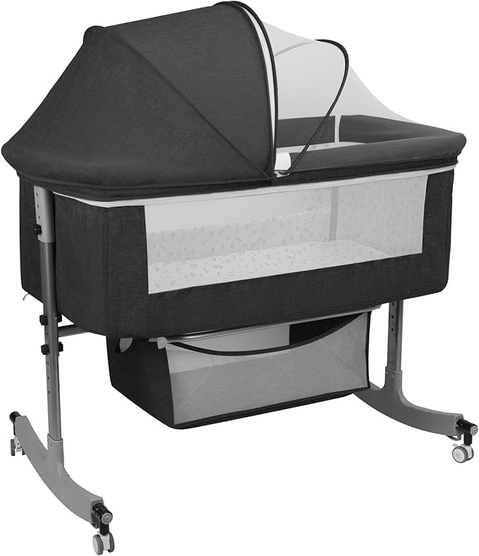 3-in-1 Baby Bassinet Bedside with Storage Basket, Portable Baby Cradle Bassinet with Wheels, Mosquito Net, 6 Levels Height Adjustable (Black)