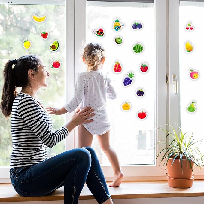 20 PCS Fruits Thick Gel Clings Fruits Window Gel Clings Decals Stickers for Kids Toddlers and Adults Home Airplane Classroom Nursery Party Supplies Decorations Removable and Reusable
