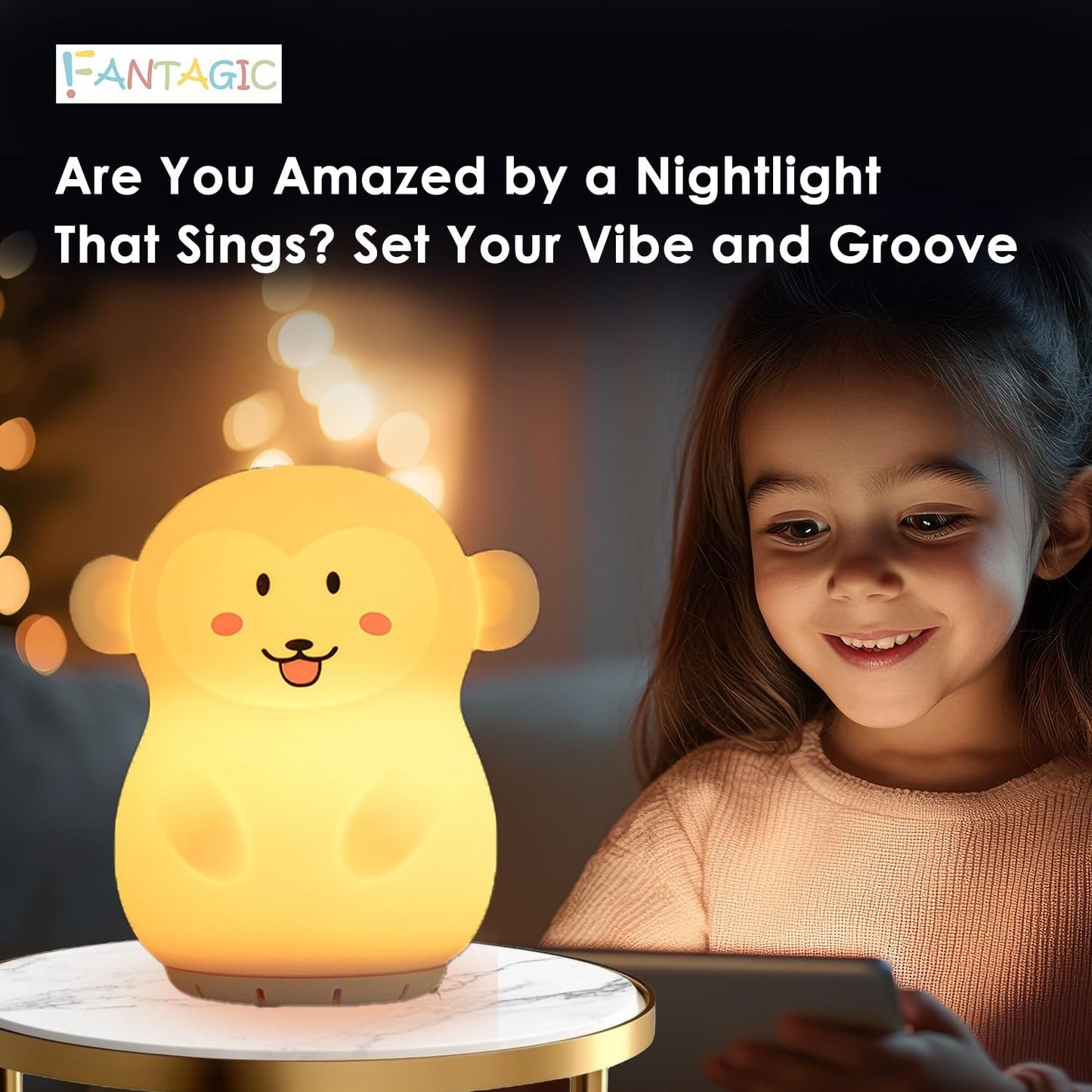 Combined Bluetooth Speaker & Nightlight With 9 Color Emissions, Child Friendly Silicone & BPA Free, USB Recharging, Receives Audio From Computer, Phone Or Tablet, and includes Remote Control (Monkey)