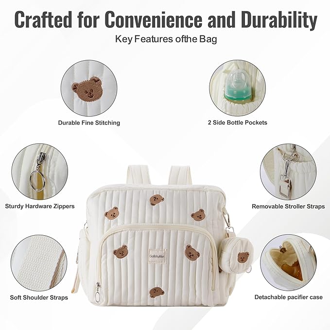 Diaper Bag Backpack, Medium Maternity baby bag & Changing Pad, Insulated Pockets, Stroller Straps & Pacifier Case (Medium - Beige Bears)