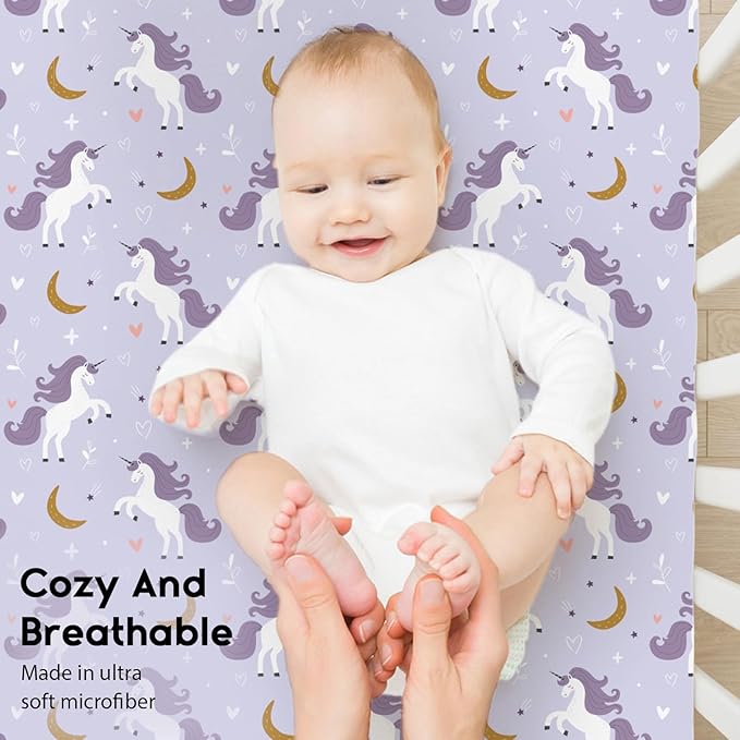 Yoofoss Baby Crib Sheets for Boys Girls, Fitted Crib Sheet 2 Pack for Standard Crib and Toddler Mattress, Super Soft Microfiber Baby Sheet 28x52x8in(Purple+Unicorn)
