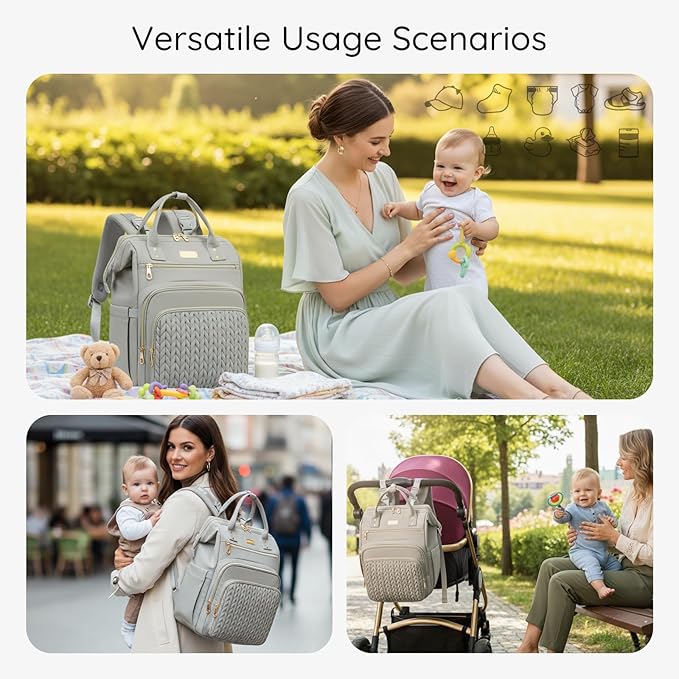 AIJIEKE Diaper Bag, Large Wide-Open Baby Diaper Backpack, Multi-functional Baby Travel Tote Bag, Diaper Bag with Changing Pad, Diaper Bags for Mom & Maternity (Grey)