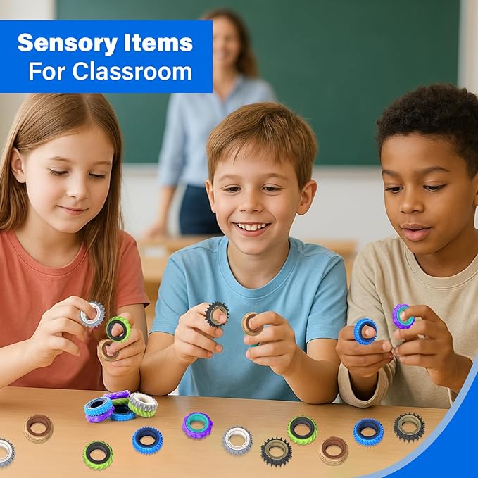 Fidget Toys Adults Sensory Rings: 24 Pack Texture Spinner Rings - Stress Relief Sensory Toys for Kids ADHD - Quiet Desk Fidgets for Classroom Stocking Stuffer for Adults Boys Girls