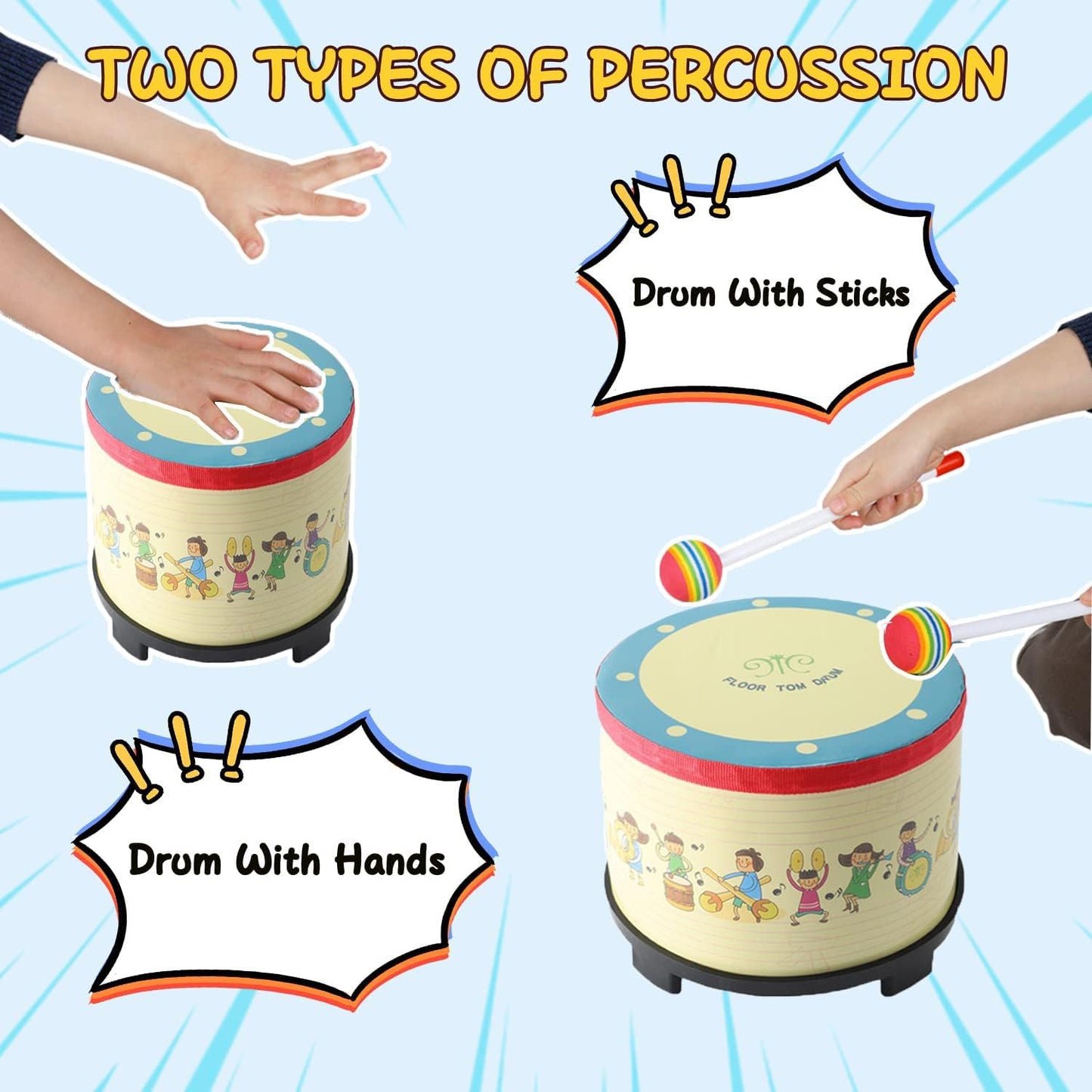 Floor Tom Drum 10 inch Gathering Club Carnival Colorful Percussion Instrument with 2 Mallets Music Drum for Child Special Christmas Birthday Gift(10 inch)