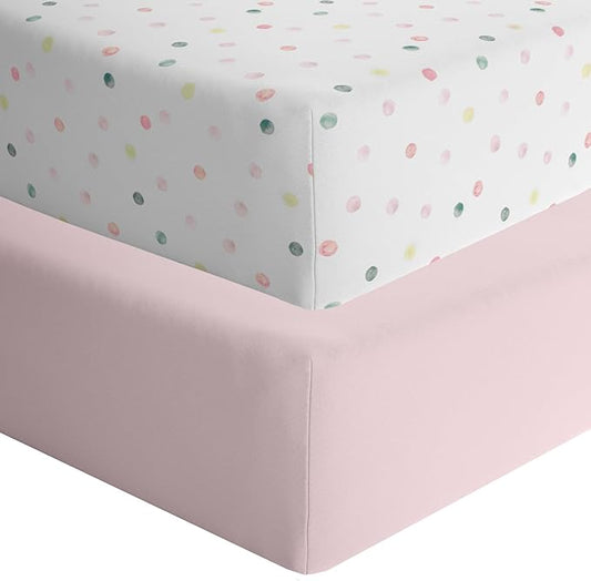 Featherhead™ 2-Pack Fitted Crib Sheets - 100% Cotton - 52" x 28" x 9" for Standard Crib and Toddler Mattress (Jersey Pink Polka)