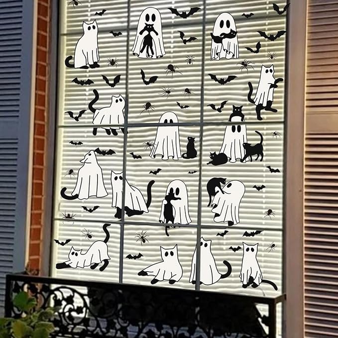 6 Sheets Halloween Window Clings Ghost Window Stickers Halloween Cute Black Cat Bat Designs Double-Side Glass Decals for Home Office Party Favor Windows Glass Decoration Supplies