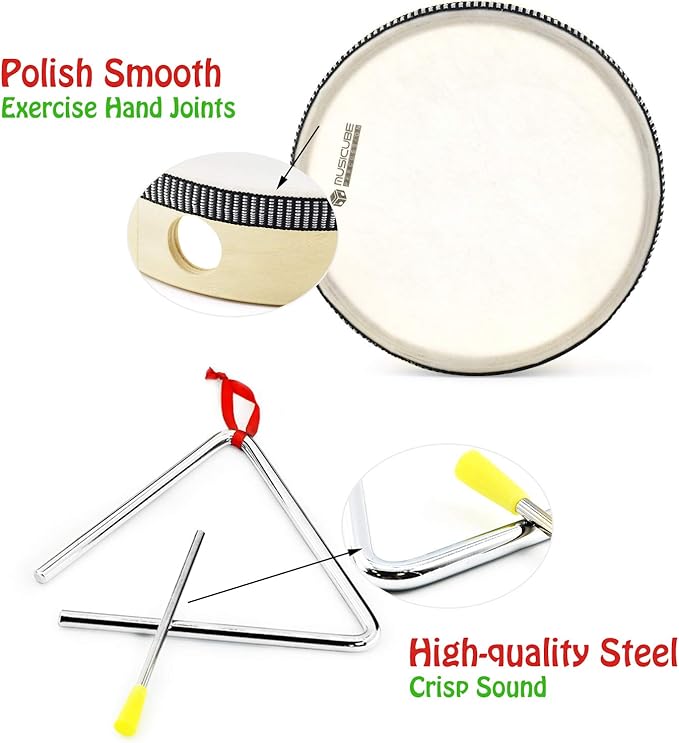 MUSICUBE 7 Pcs Musical Instrument Toys Set for Kids Wooden Percussion Instrument with Hand Drum, Maracas, Triangles, Hand Bell Educational Instrument for Toddler Birthday Gift for Boys Girls Aged 3+