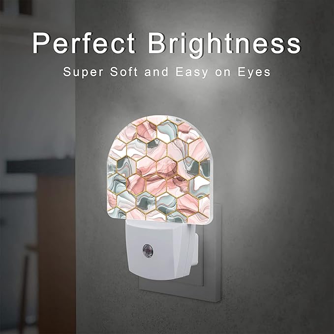 Red Gray Hexagon Marble Night Light Plug into Wall, Abstract Gold Liquid Marble Dusk to Dawn Night Light Plug in,0.5w Energy Saving Sleep Friendly NightLight for Kids Boys Girls Home Decor