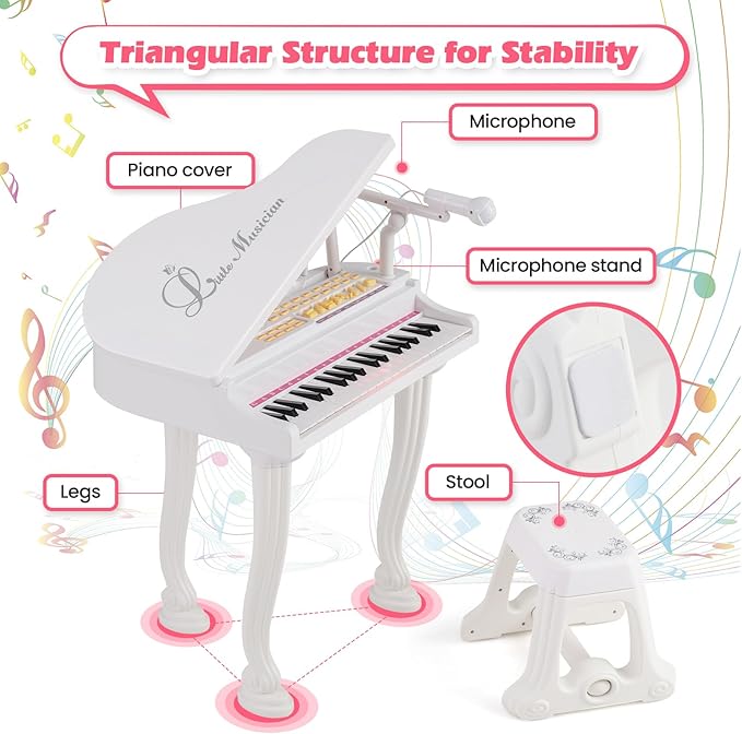 HONEY JOY Classical Kids Piano, 37-Key Toy Mini Grand Piano with Music Stand & Stool, Portable Electronic Educational Musical Instrument Toy w/ Microphone, Lights, Gift for Kids (White, 37 Keys)