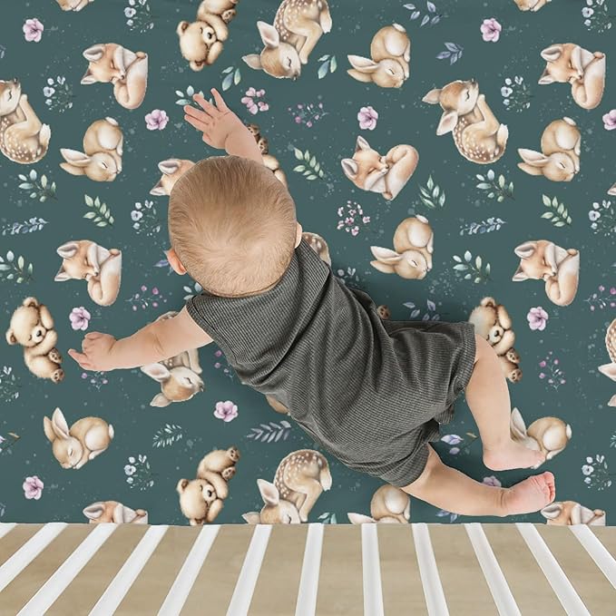 Sleeping Spring Animals Baby Crib Sheets Boy Girl 28"x52" Bear Deer Bunny Floral Leaves Soft Snug Fitted Crib Mattress Cover Cute Animals Baby Sheet for Standard Crib & Toddler Mattress