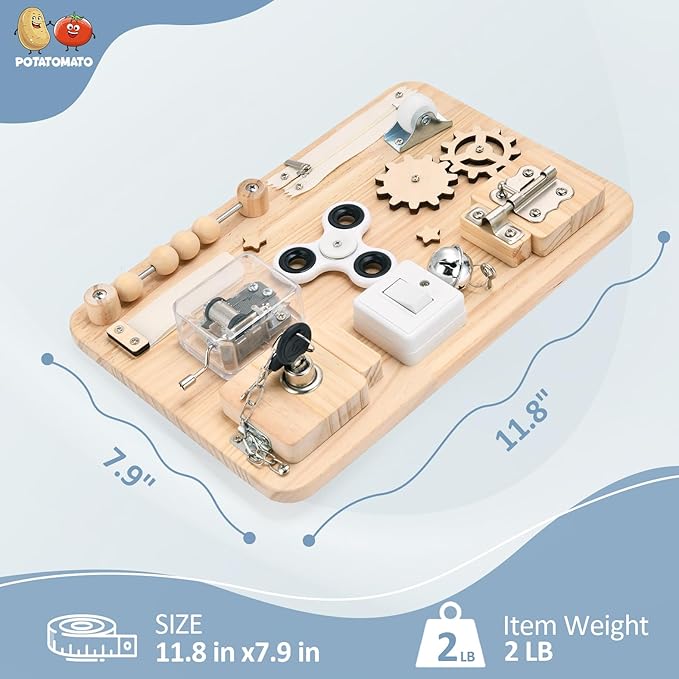 Potatomato Montessori Wooden Busy Board-Sensory Toys for Toddlers Fine Motor Skills-Activity Board for Kids-Educational Fidget Travel Toy for Baby Boy&Girl-Birthday Gifts for 1 2 3 4 + Years Old