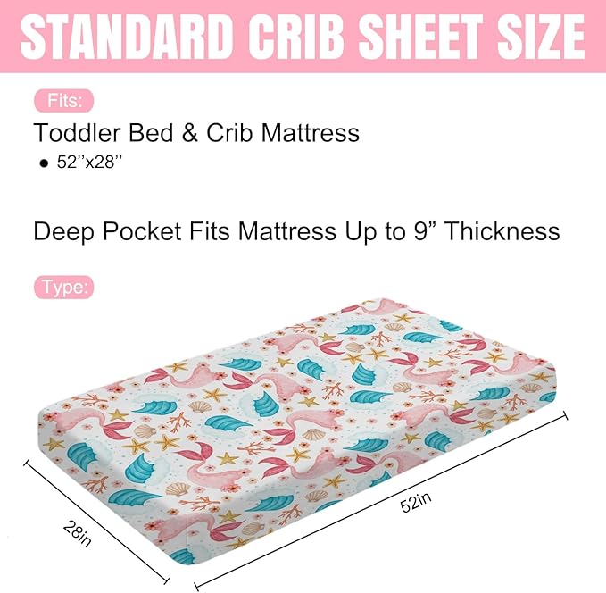 Colorful Nautical Life Baby Crib Sheets 52''x28'' Mermaids Starfish Conch Coral Wave Fitted Crib Mattress Cover for Boy Girl Sea Ocean Animal Nursery Bed Sheets for Standard Crib and Toddler Mattress