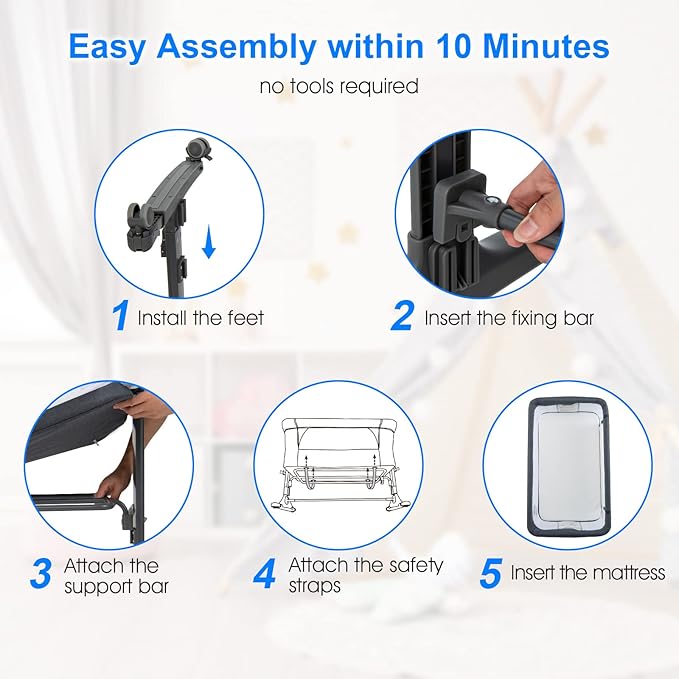 INFANS 3 in 1 Baby Bassinet, Bedside Sleeper for Newborn, Folding Crib with Mattress, Travel Bag, Wheels, 4-Sided Mesh, Easy to Assemble Cradle Co Sleeper Stationary, Rock (Dark Grey)