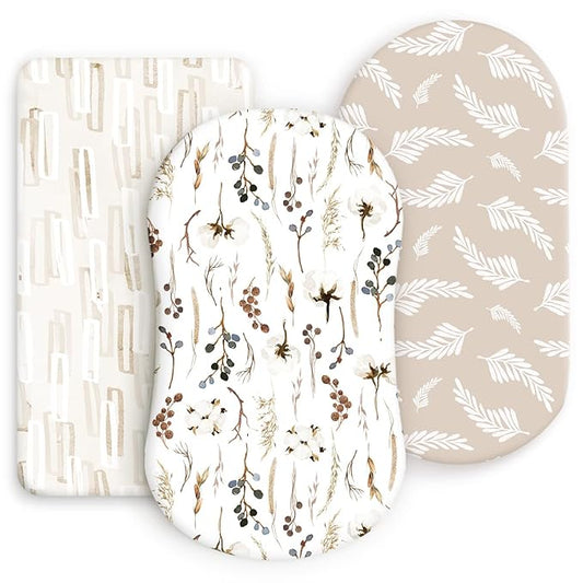 GRSSDER Stretchy Ultra Soft Fitted Bassinet Sheet Set 3 Pack, Universal Fit for Bassinets Baby Cradle Moses Basket Oval Rectangle Mattress Safe and Snug, Stylish Pretty Flora for Baby, Beige