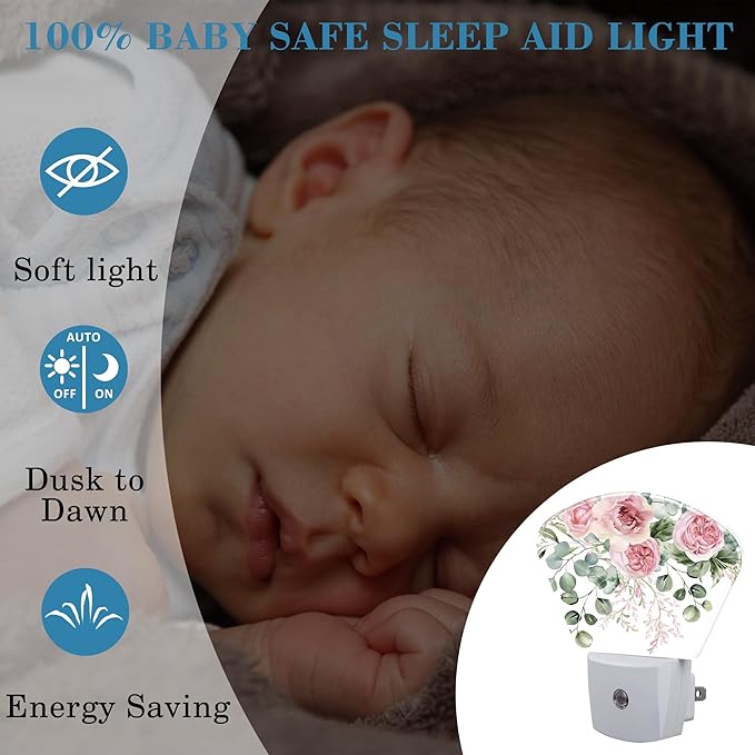 Pink Flowers Plug in Night Lights, Eucalyptus Greenery Nightlight Plug Into Wall Dusk to Dawn Sensor for Kid Girls Boys Women Men Bedroom, Hallway, Kitchen, Bathroom, Stairs Decor