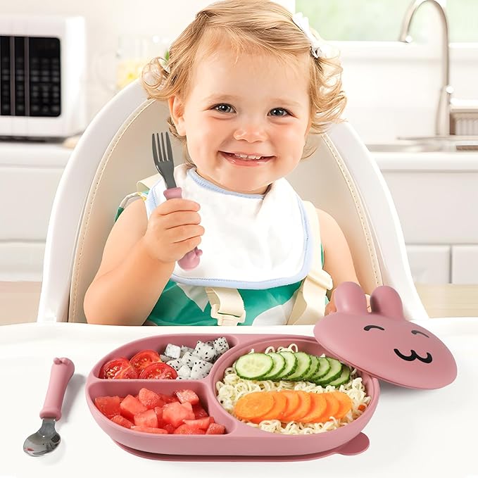 Silicone Baby Plate,Toddler plates,Self-feeding of infants after weaning, 100% Food Grade Silicone, BPA Free, Including Fork and Spoon, Baby Plates With Suction, Divided Plate for Babies (pink)