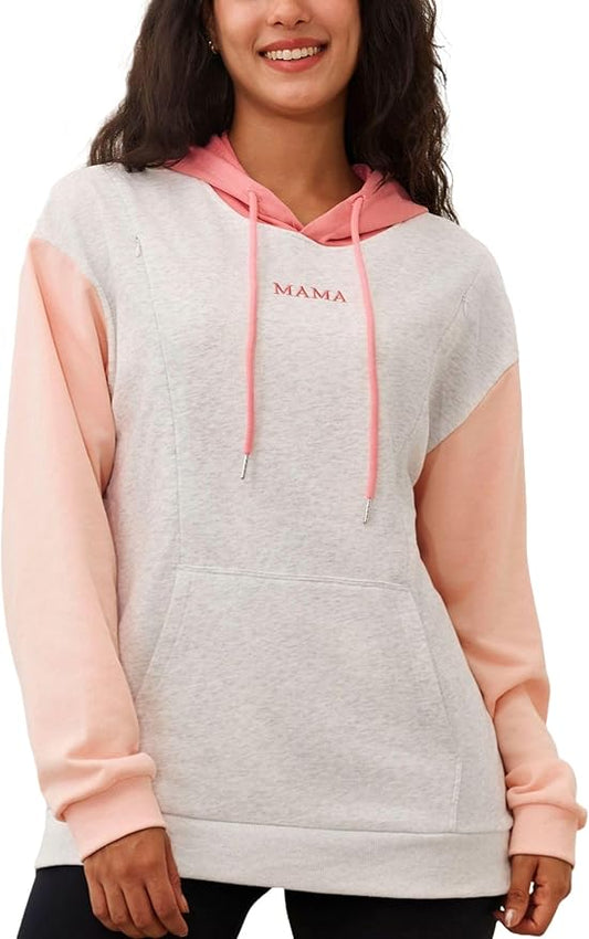 Nursing Hoodie for Breastfeeding Maternity Sweatshirt with Zippers Postpartum Nursing Top Colorblock Clothes