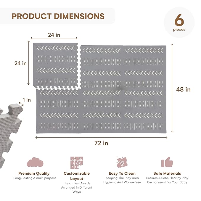 Childlike Behavior Baby Play Mat - 72x48-Inch Tummy Time Mat - 6-Piece Interlocking Foam Floor Tiles for Toddlers - Soft Waterproof for Floor Play and Crawling - Grey