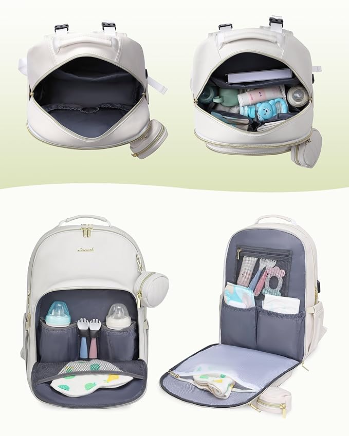 LOVEVOOK Leather Diaper Bag Backpack, Quilted Baby Bag with Changing Pad & Pacifier Holder, Waterproof Travel Diaper Bags for Baby Boys Girls, Stylish and Large Capacity, Beige