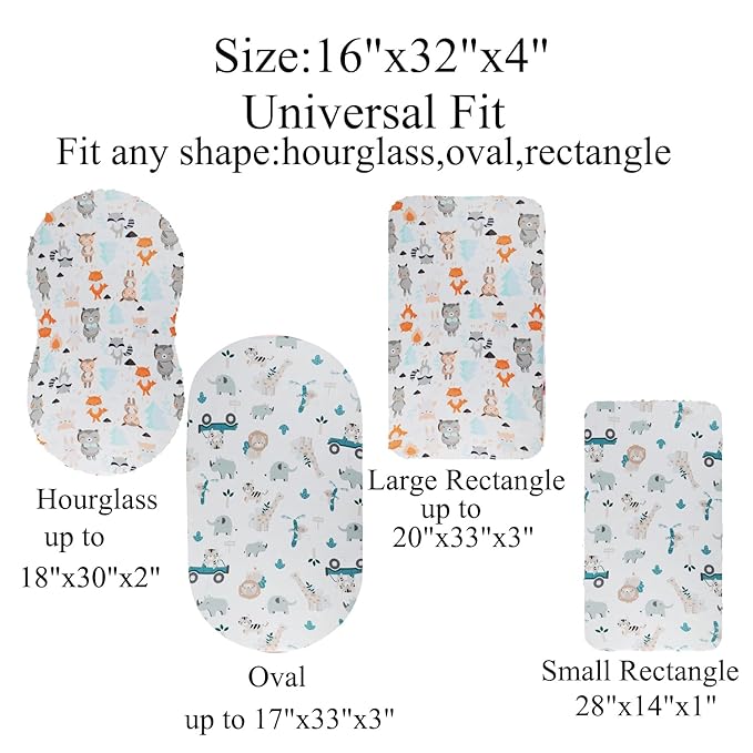 Bassinet Sheet Set 2 Pack Snug Fitted Cradle Fitted Sheets, Stretchy Ultra Soft, for Oval Rectangle Hourglass Bassinet Mattress, Unisex Boy Girl, Tiger Elephant & Fox