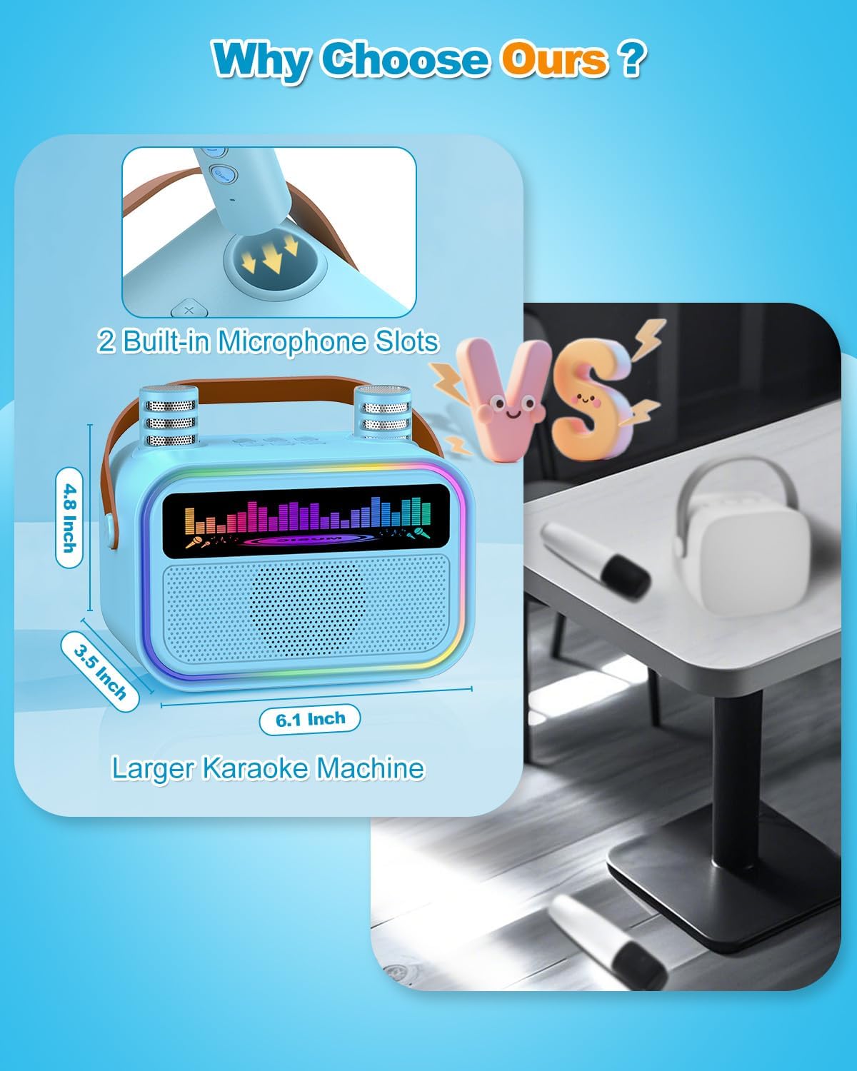 Karaoke Machine for Kids Adults, Birthday Gifts Toys for Girls Boys Age 3-12+,Mini Portable Bluetooth Singing Speaker with 2 Wireless Microphones & LED Lights (Blue)