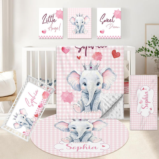 Personalized Baby Crib Set, 5 Pcs Custom with Name, Soft Elephant Crib Bedding, Double Layer Toddler Infant Bedding, New Parents Gifts