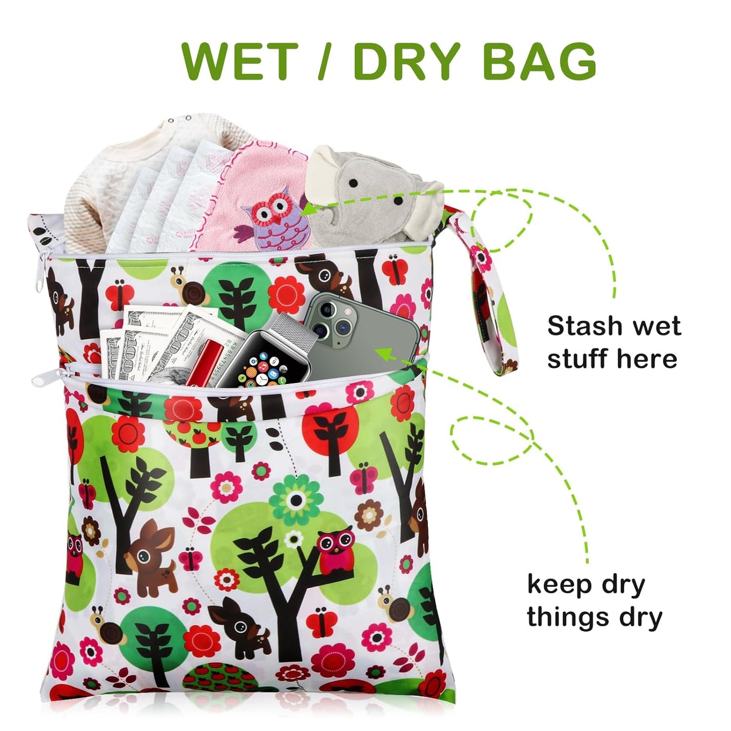 Angel Love Baby Cloth Diaper Wet/Dry Bags, 2 Pack With Two Zippered Pockets, Waterproof Washable Reusable for Travel, Beach, Pool, Gym, Swimsuits or Wet Clothes, L0113