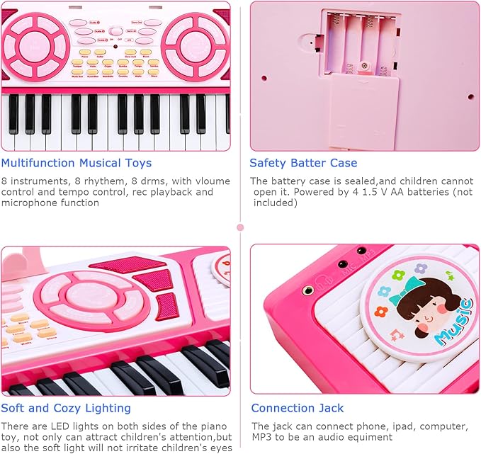 Toys for 3+ Year Old Girls Gift: 49 Keys Kids Piano Keyboard Multifunctional Educational Musical Instrument Toy with Microphone, Earphone, Dual Speakers, Birthday and Xmas Gifts for 3+ Girls Toys